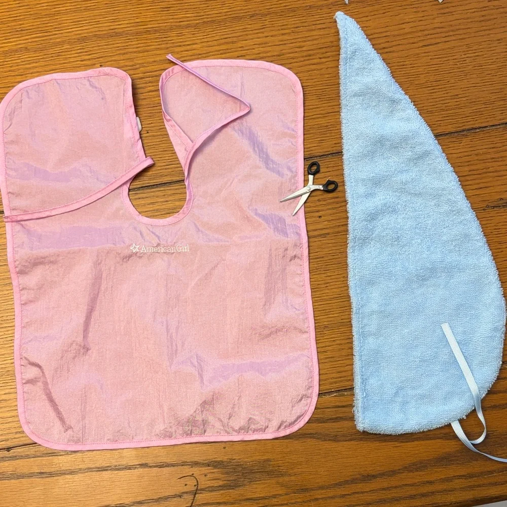 American Girl Pink Salon Cape & Blue Towel Turban Set